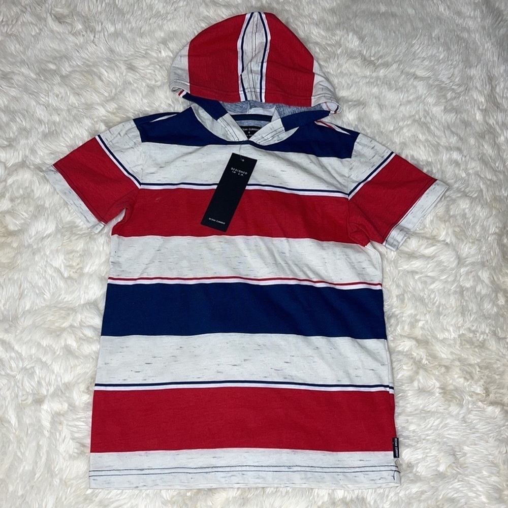 Ocean Current Boys Hooded Tee Red White Blue Striped Short Sleeve Shirt Size S